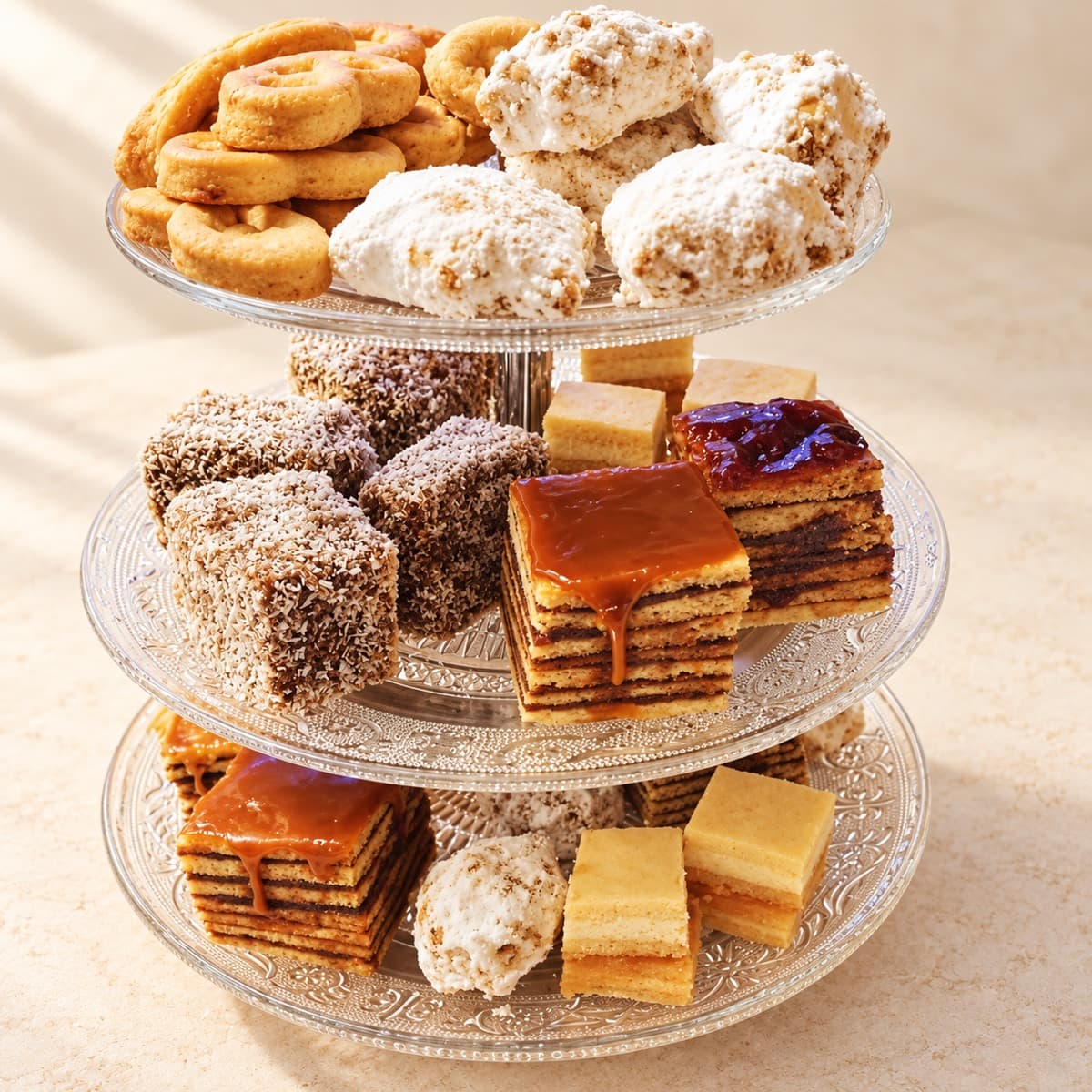 Tris di dolci su tre piani
